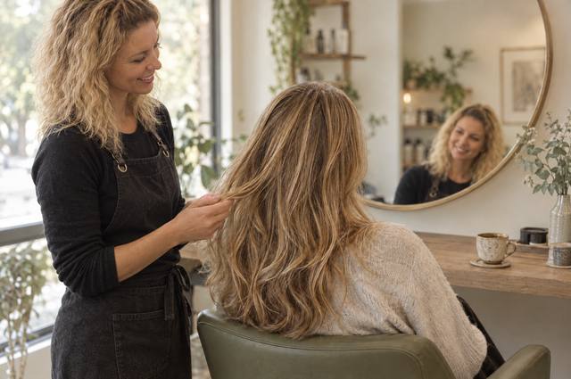 Kadeřnice Marie Holečková drží pramen medově blond vlasů klientky a společně probírají, jaký účes chce