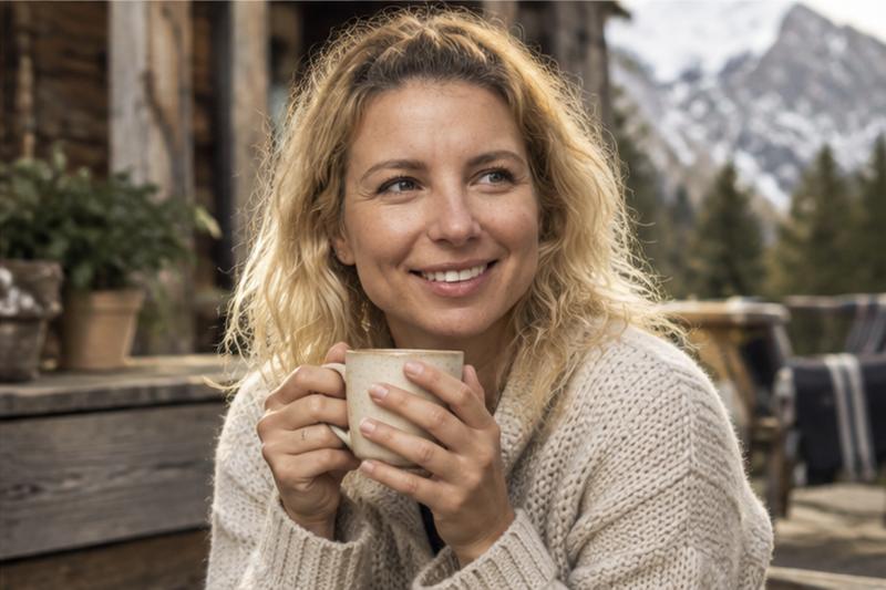 Marie Holečková s hrnkem kávy na horské chatě